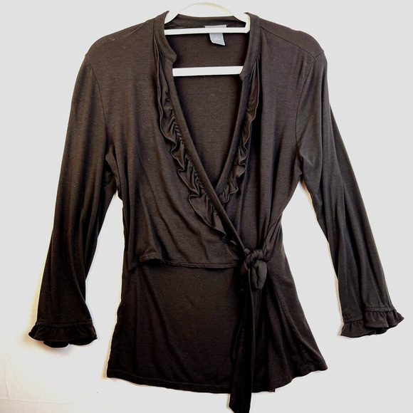 Ann Taylor Faux Wrap Top Women's Small Black Ruffles Career Minimalist V Neck - Picture 1 of 8